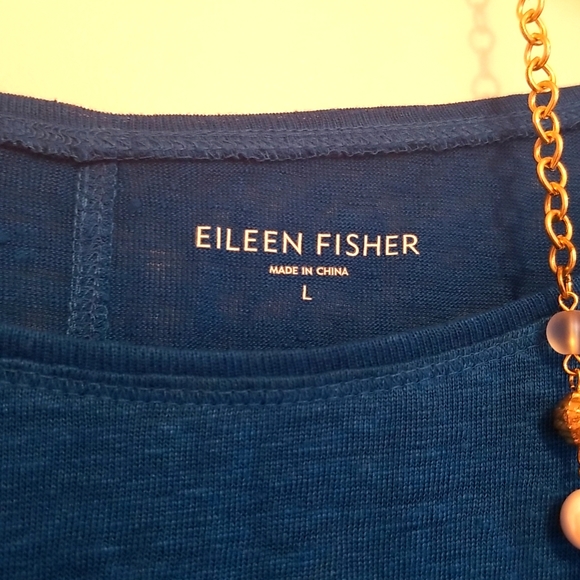 EILEEN FISHER Women Linen Casual Summer Beach Athleisure Hi Lo Top Blue sz L - Picture 3 of 7